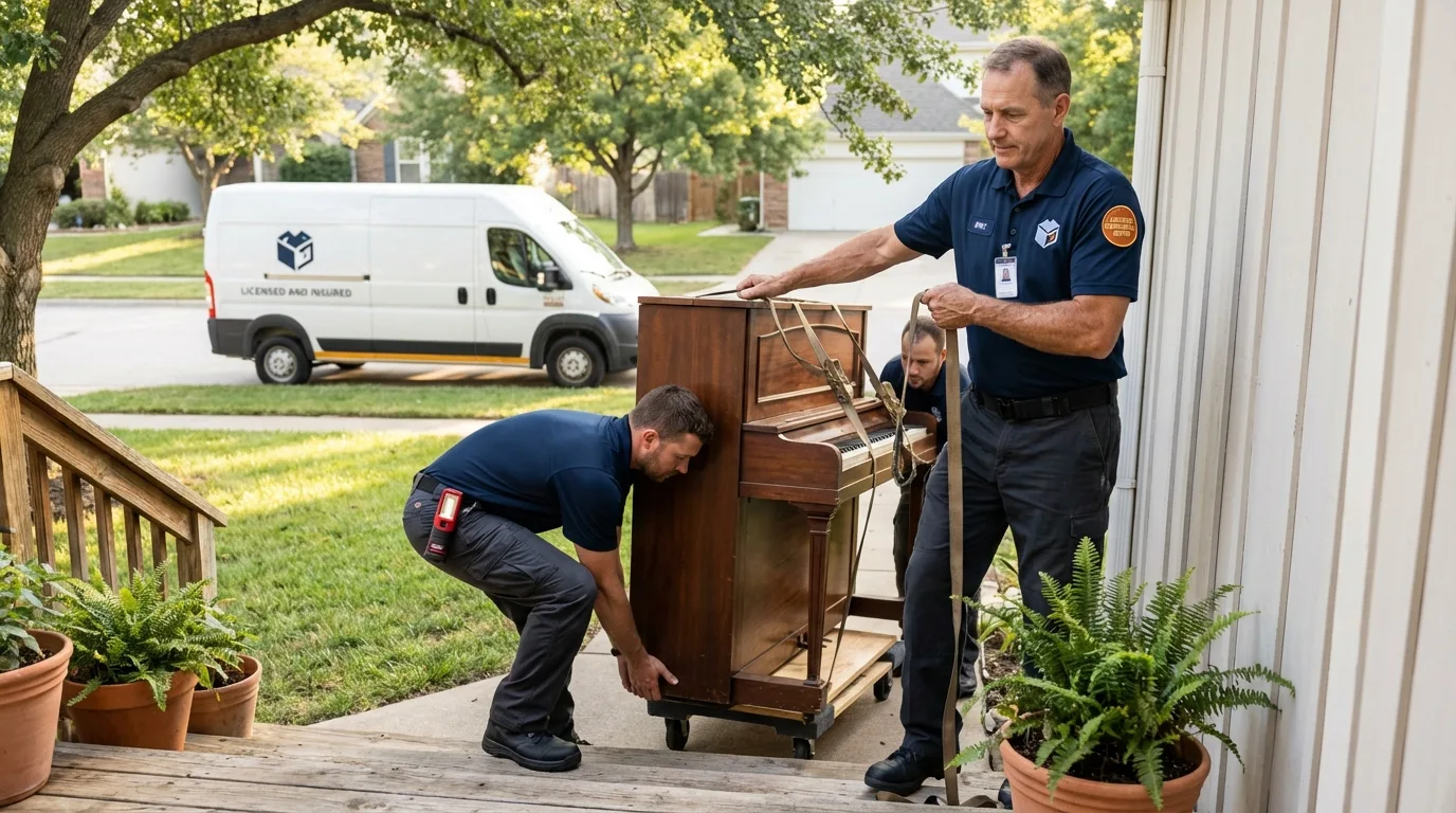 Licensed piano movers securing grand piano in Hayward, WI