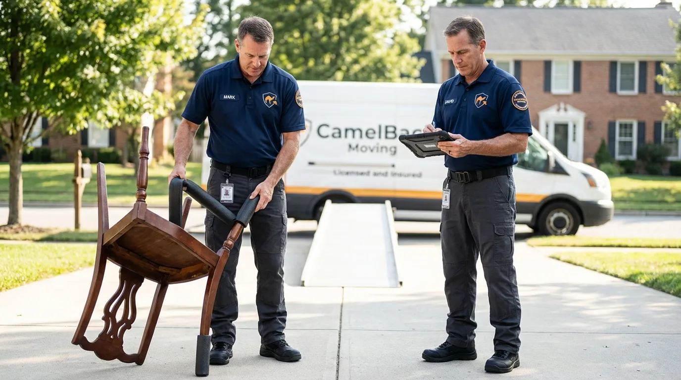 Movers inspecting furniture for damage prevention before loading in Hayward, WI