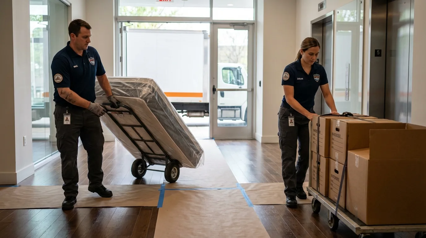 Professional apartment movers loading elevator in Hayward, WI