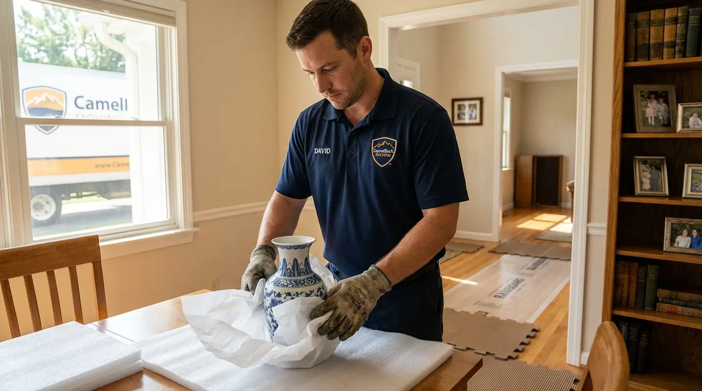 Professional crew carefully wrapping antique vase for senior downsizing move in Hayward, WI